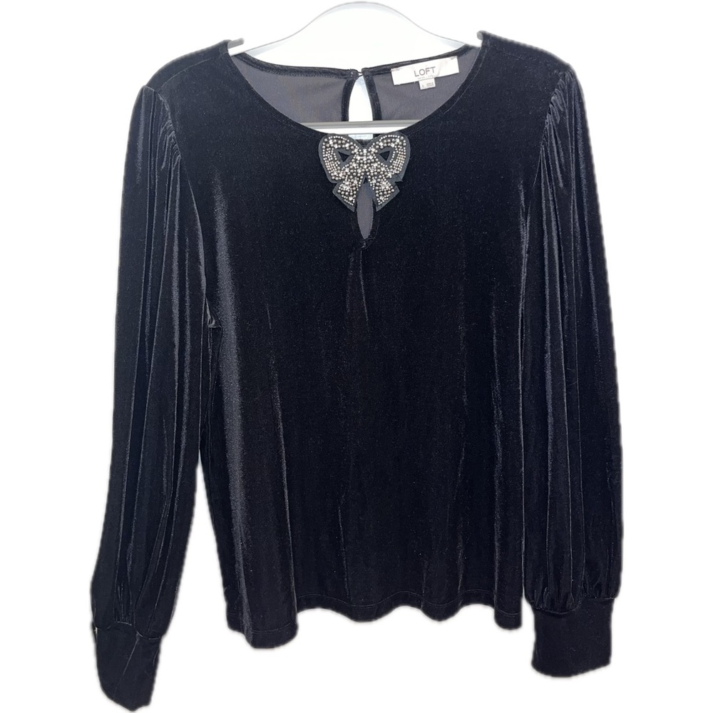 LOFT Black Velvet Long Sleeve Top with Jeweled Bow Accent
